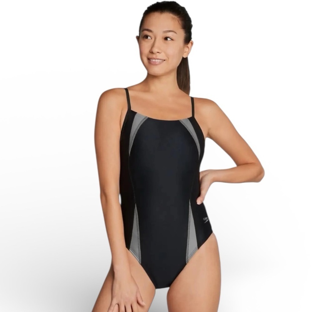 Speedo Solid Splice Flip Back One Piece Swimsuit In Black And Gray